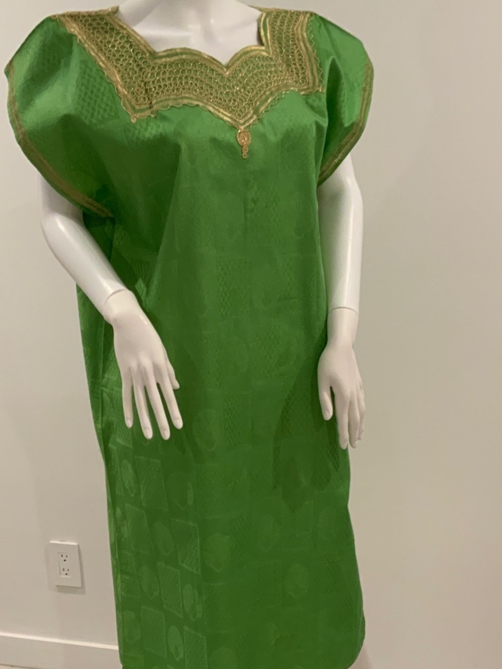 Green Embroidered Kaftan with Gold Trim